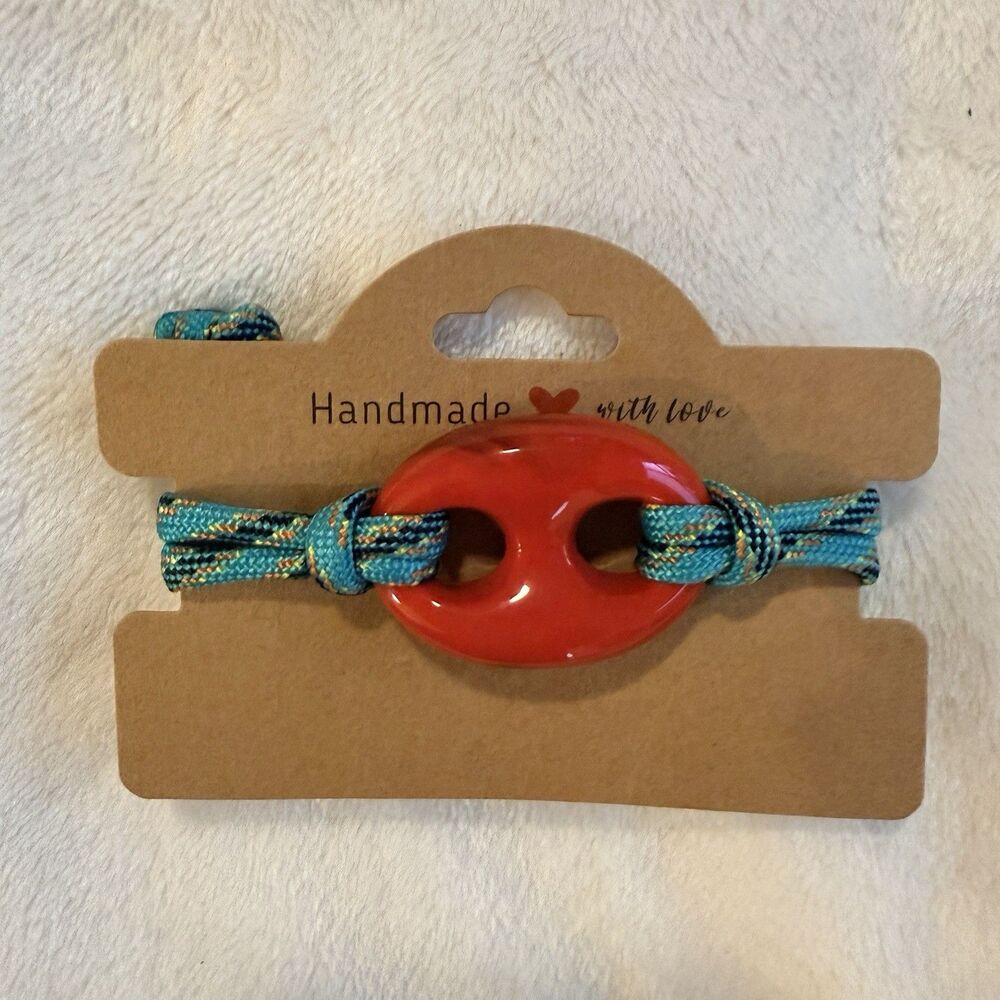 Artisan Handmade Bracelet Red Bean Bead Blue Woven Cord Colorful Boho Adjustable
